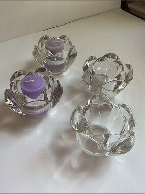 Lot of 4 Glass Lotus Tea Light Holders with Lavender votives